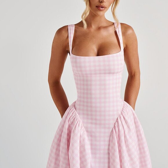 ✨ NEW Pink Gingham Print Full Skirt Midi Dress - Picture 2 of 15
